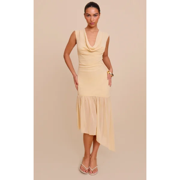 Butter Cream Chiffon Drape Detail Asymmetric Midaxi Dress