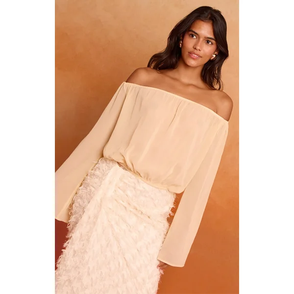 Butter Cream Chiffon Ruched Bardot Blouse