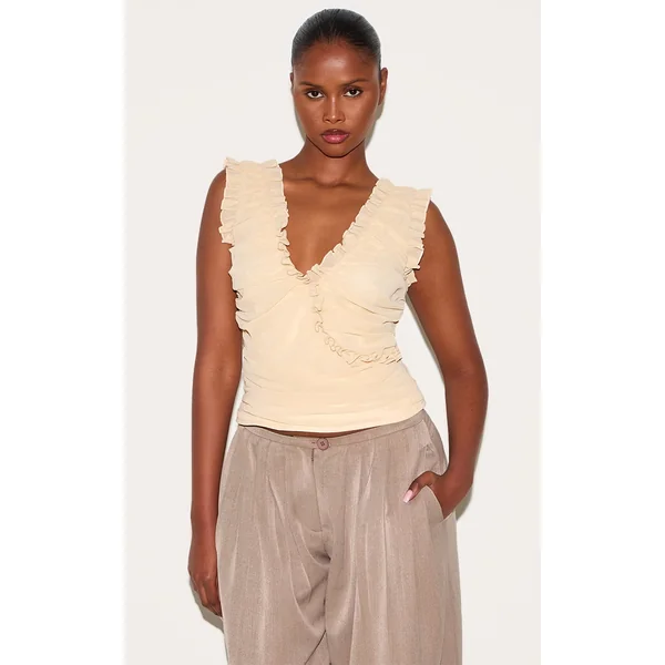 Butter Cream Chiffon Ruffle Ruched Sleeveless Top