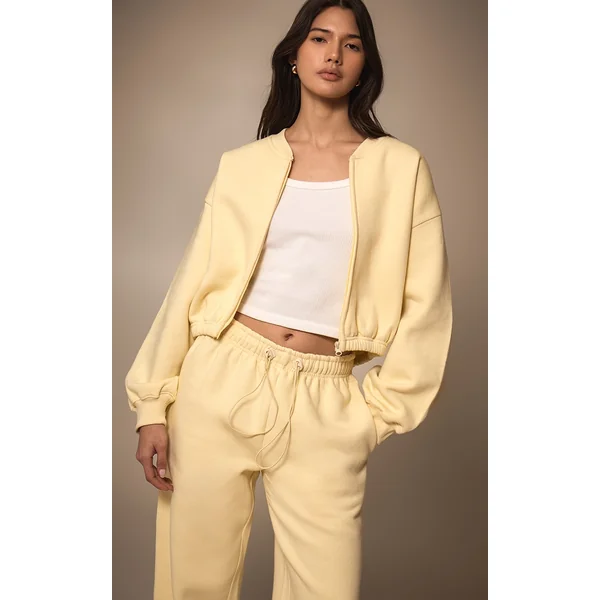 Butter Cream Drawcord Waist Cropped Zip Up Sweatshirt