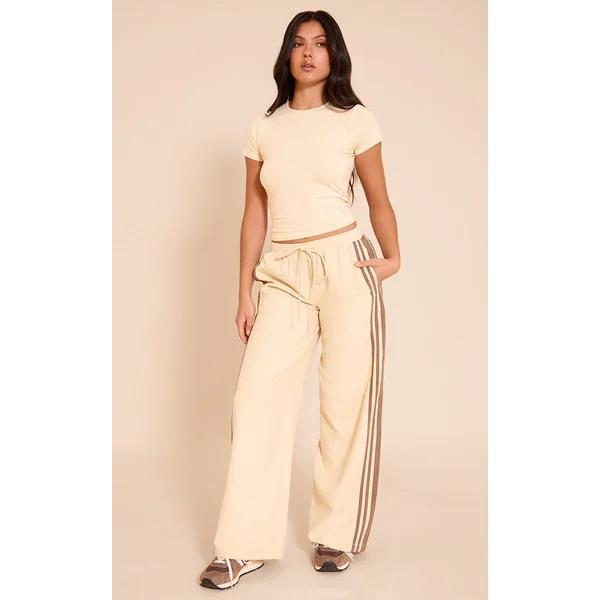 Butter Cream Peachskin Contrast Stripe Wide Leg Pants