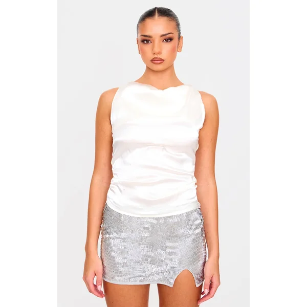 Butter Cream Satin Cowl Neck Long Top