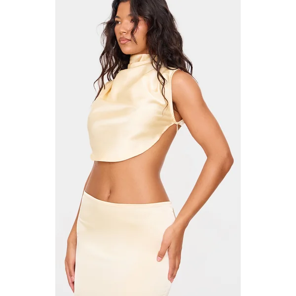 Butter Cream Satin Tie Back High Neck Cowl Crop Top