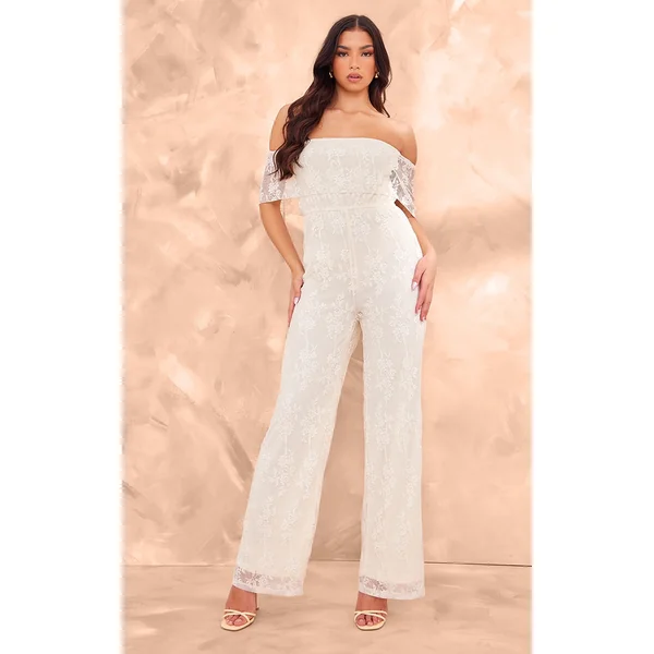 Butter Cream Shimmer Floral Lace Bardot Jumpsuit