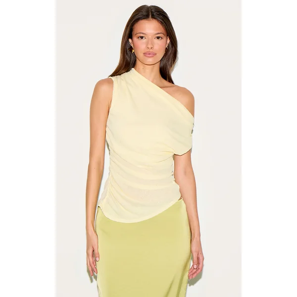 Butter Yellow Burnout Mesh Asymmetric Hem Long Top