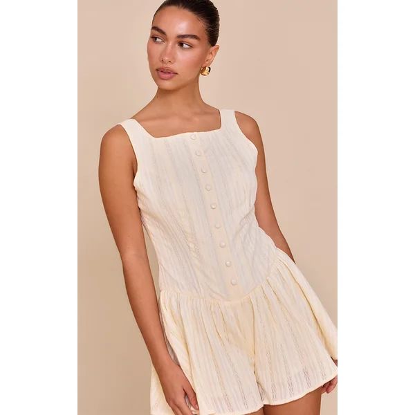 Butter Yellow Button Down Cotton Drop Waist Skort Romper