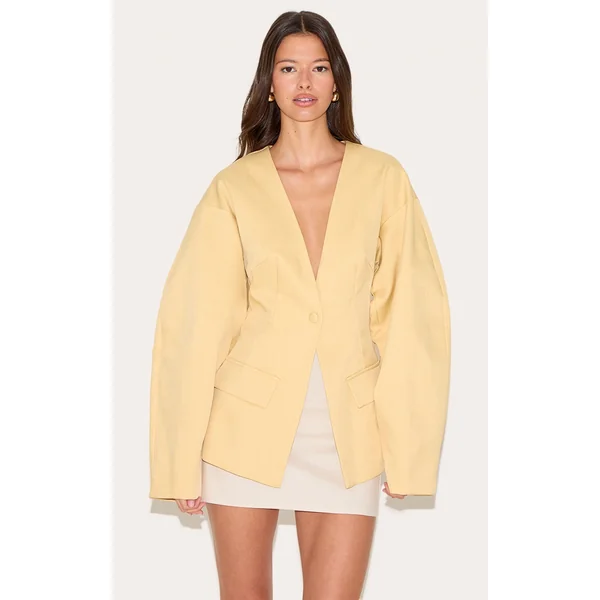 Butter Yellow Cocoon Sleeve Cinched Waist Pocket Blazer
