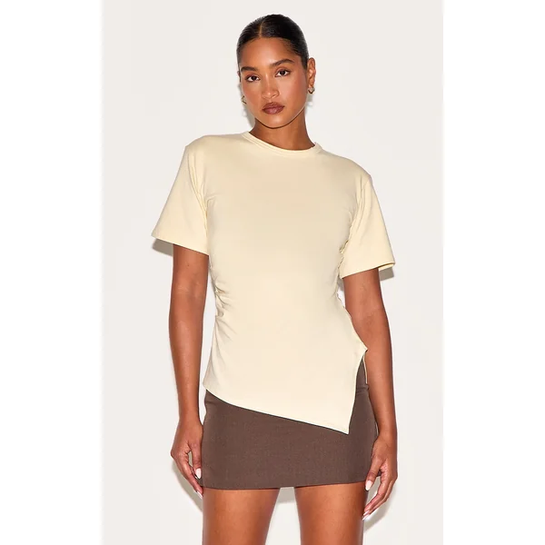 Butter Yellow Cotton Ruched Side Asymmetric Hem T-shirt