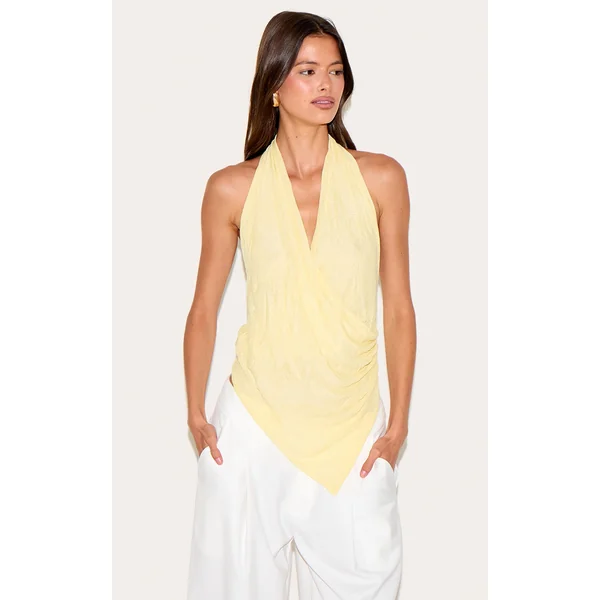 Butter Yellow Double Layer Crinkle Mesh Halter Neck Drapey Long Top
