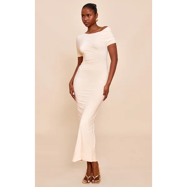 Butter Yellow Double Layer Slinky Asymmetric Ruched Sleeve Maxi Dress