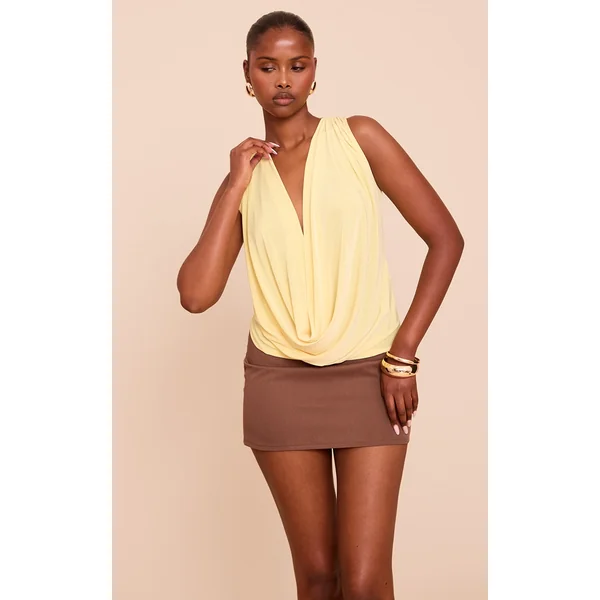 Butter Yellow Double Layer Slinky Extreme Cowl Neck Top
