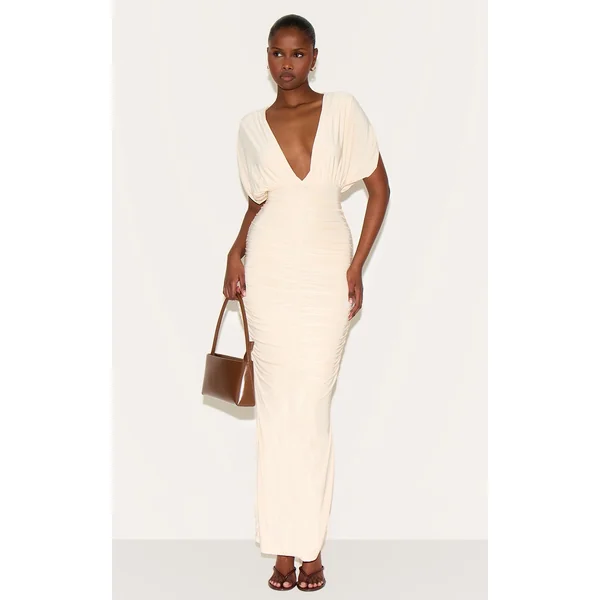 Butter Yellow Double Layer Slinky Ruched Batwing Maxi Dress