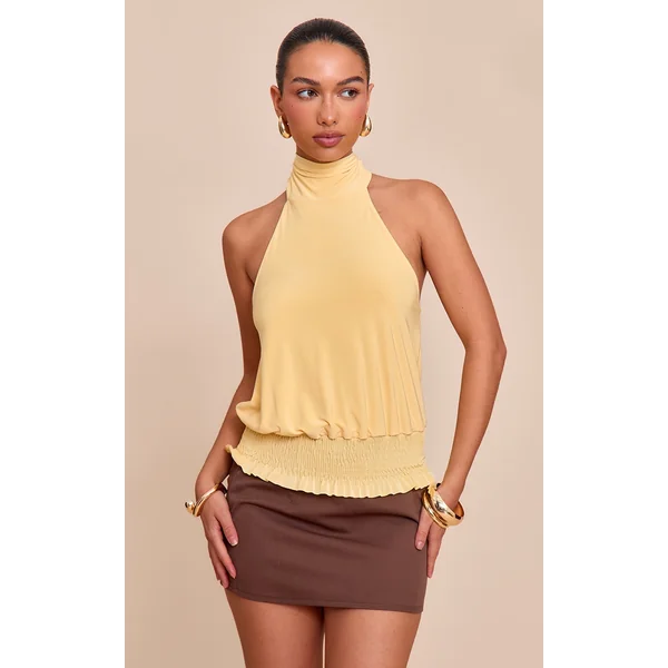 Butter Yellow Double Layer Slinky Shirred Hem Halterneck Top