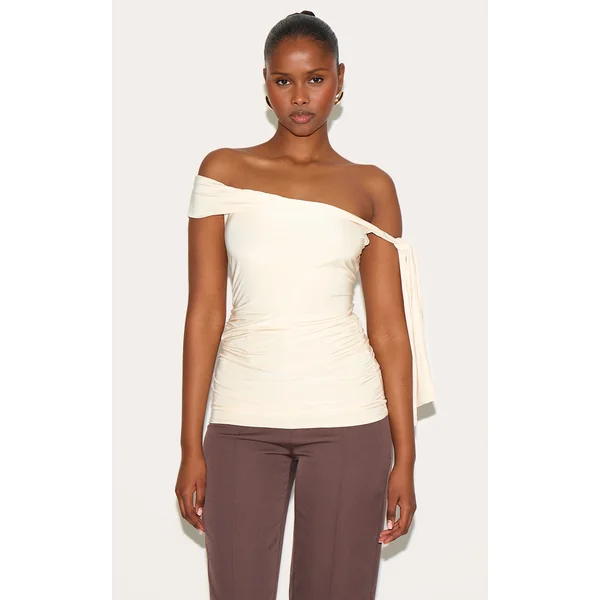 Butter Yellow Double Layer Slinky Tie Shoulder Bardot Long Top