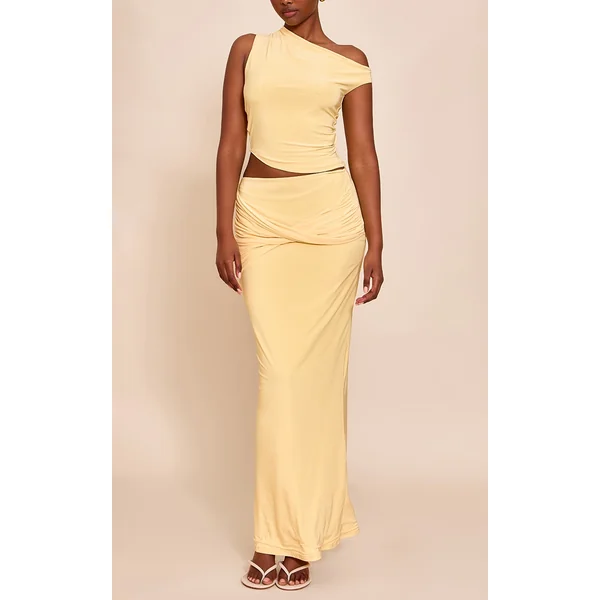 Butter Yellow Double Layered Slinky Twist Drape Maxi Skirt