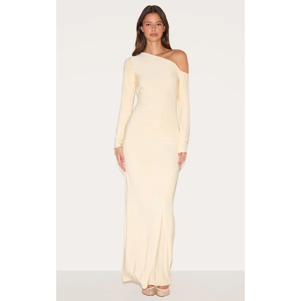 Butter Yellow Double Slinky Asymmetric Neckline Maxi Dress