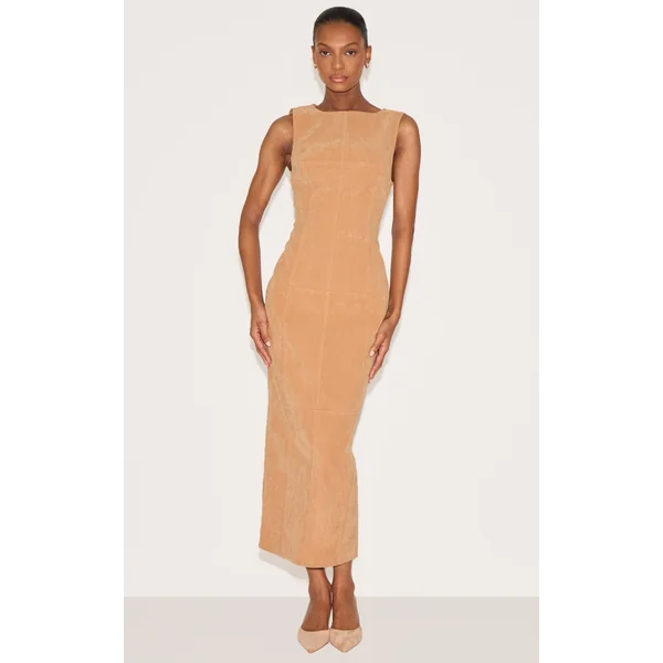 Butter Yellow Faux Suede Boat Neck Backless Maxi Dress