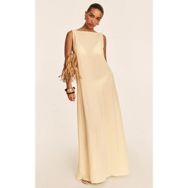 Butter Yellow Floaty Woven Boat Neck Maxi Beach Dress