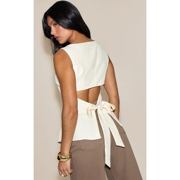 Butter Yellow Heavy Woven Tie Back Detail Structured Top