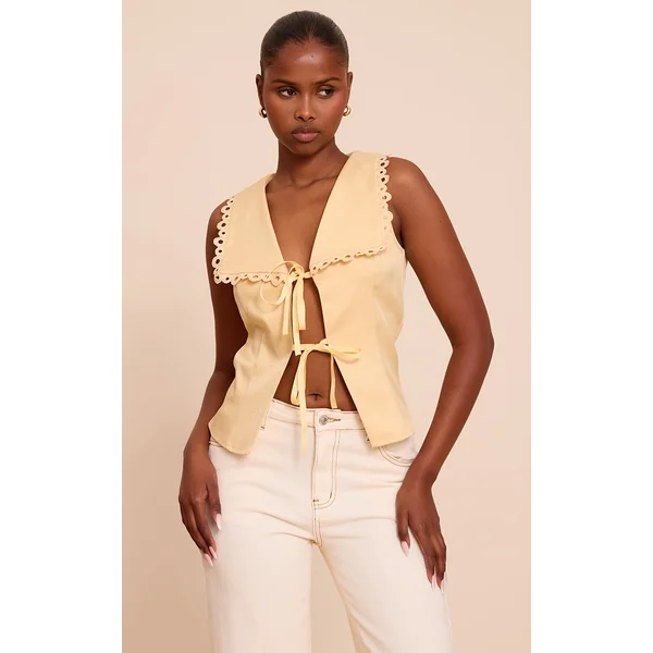 Butter Yellow Lace Trim Detail Tie Up Blouse