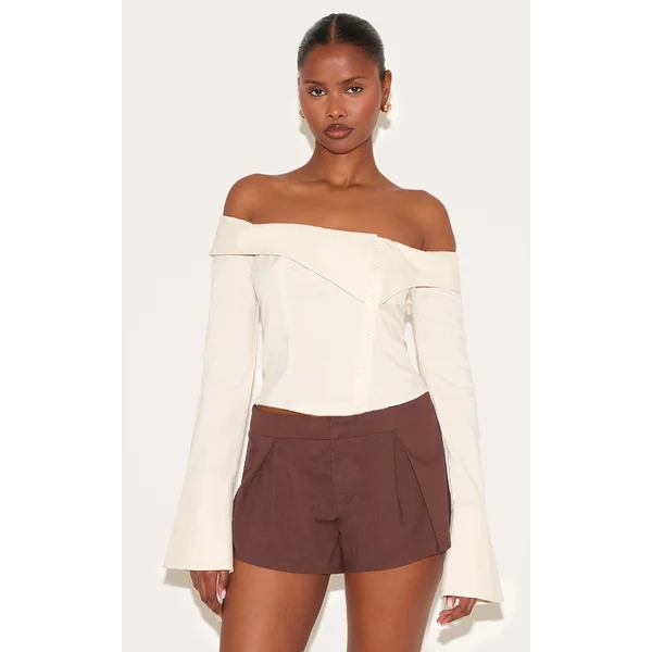 Butter Yellow Linen Blend Bardot Button Up Shirt