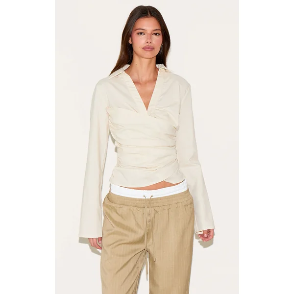 Butter Yellow Linen Blend Fitted Wrap Detail Shirt