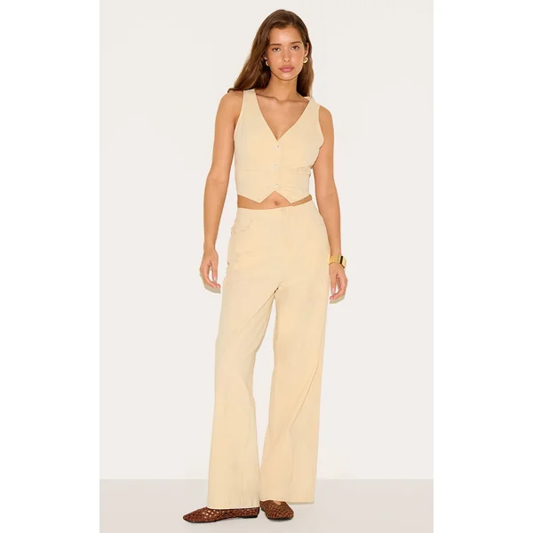 Butter Yellow Linen Look Mid Rise Wide Leg Pant
