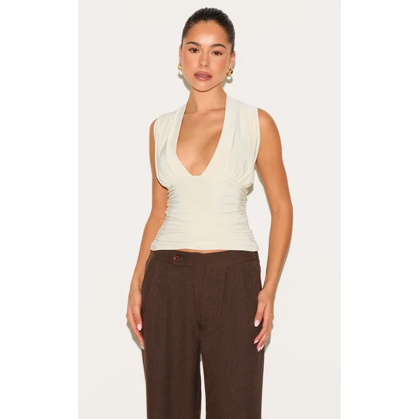 Butter Yellow Matte Slinky Ruched Detail Sleeveless Top