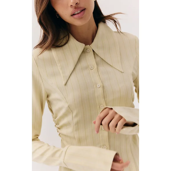 Butter Yellow Pinstripe Oversized Collar Fitted Shirt