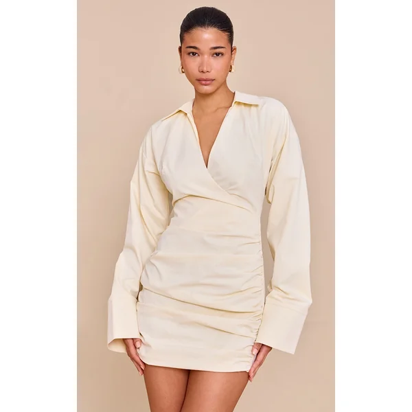 Butter Yellow Plunge Deep Cuff Shirt Dress