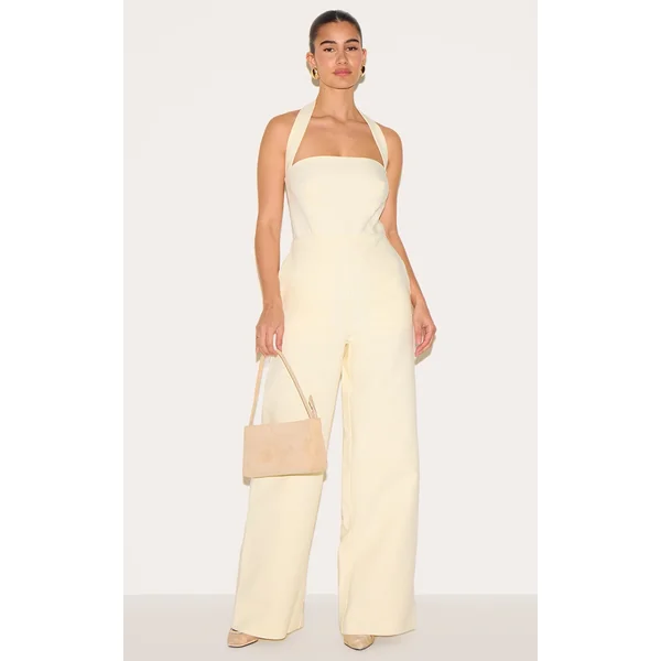 Butter Yellow Premium Woven Halterneck Straight Leg Jumpsuit