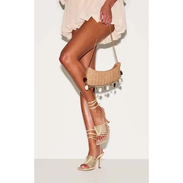 Butter Yellow Pu Square Knotted Toe Lace Up Heeled Sandals