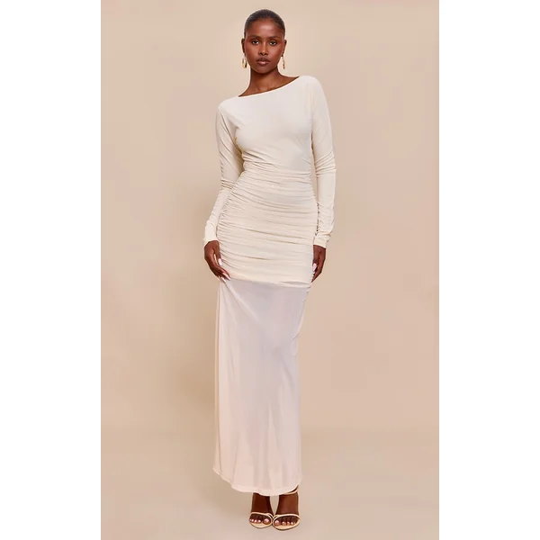 Butter Yellow Ruched Long Sleeve Maxi Dress