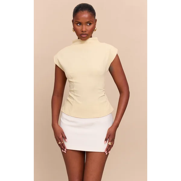 Butter Yellow Ruched Woven Shoulder Pad Top