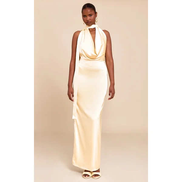 Butter Yellow Satin Cowl Neck Drape Maxi Dress