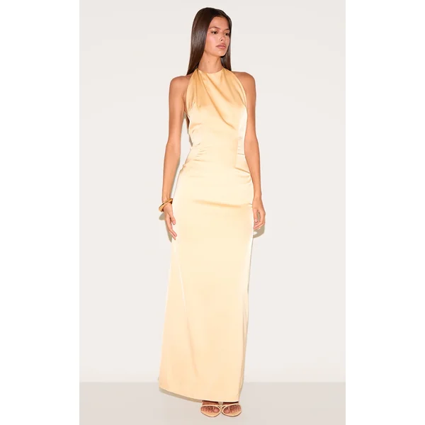 Butter Yellow Satin Halter Flared Maxi Dress