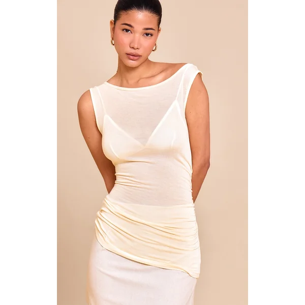 Butter Yellow Sheer Soft Touch Cowl Neck Long Vest Top