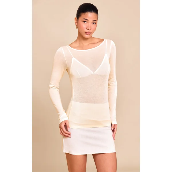 Butter Yellow Sheer Soft Touch Crew Neck Long Sleeve Top