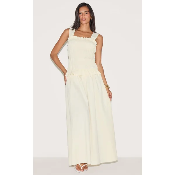 Butter Yellow Shirred Frill Detail Maxi Dress