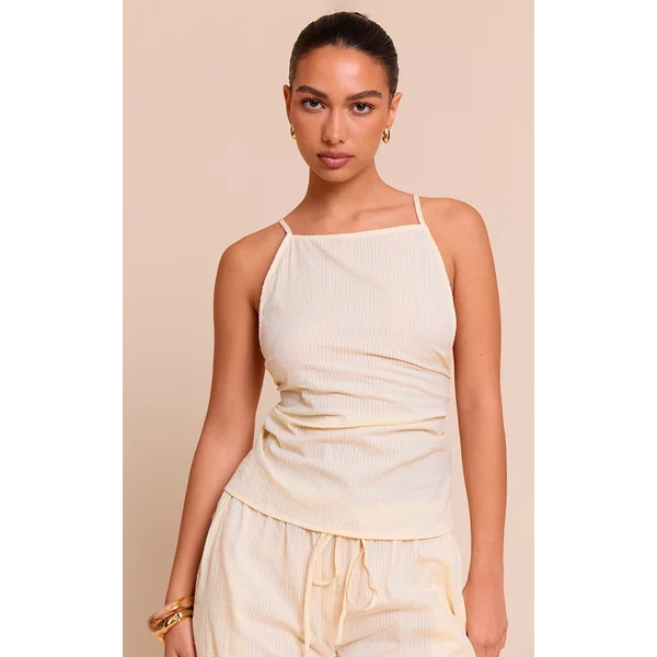 Butter Yellow Textured Boatneck Tie Back Top