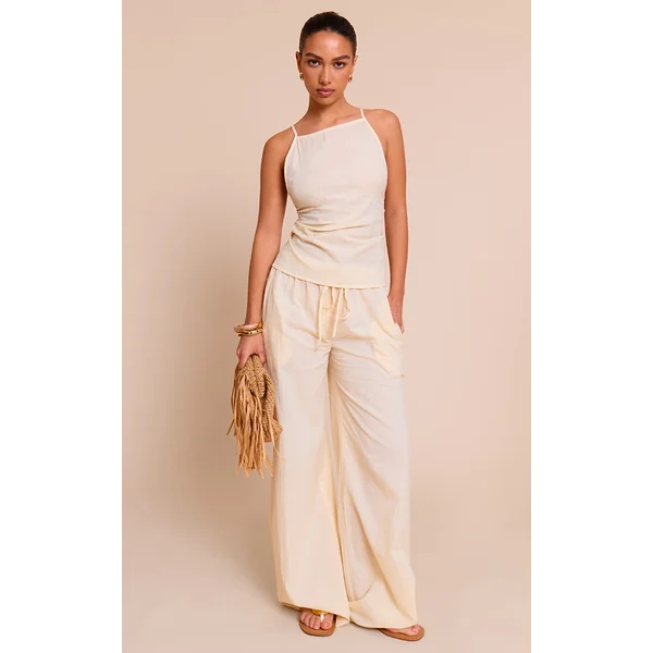 Butter Yellow Textured Drawstring Wide Leg Pants