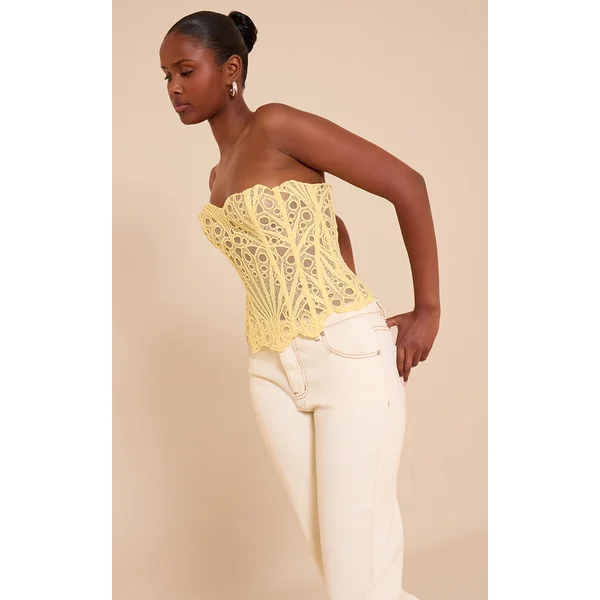 Butter Yellow Textured Sheer Floral Lace Corset