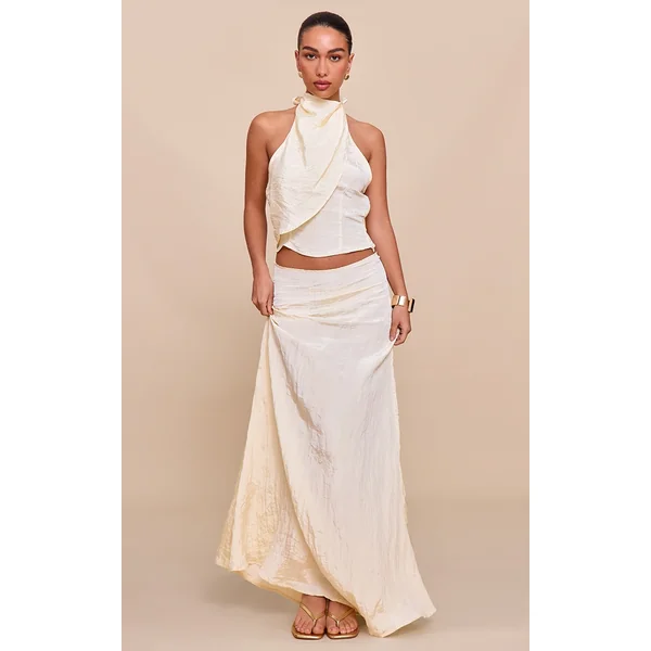 Butter Yellow Textured Woven Floaty Maxi Skirt