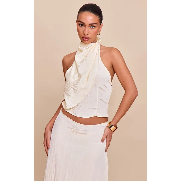 Butter Yellow Textured Woven Halterneck Top