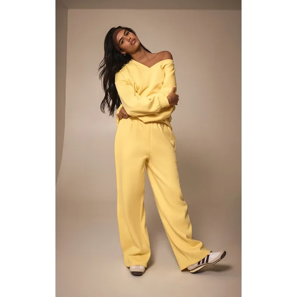 Butter Yellow Wide Leg Pleated Detail Sweatpants