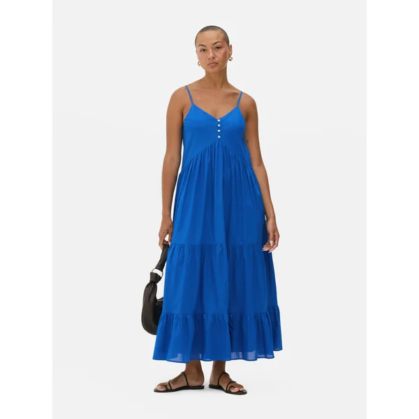 Button Front Strappy Midi Dress - Blue