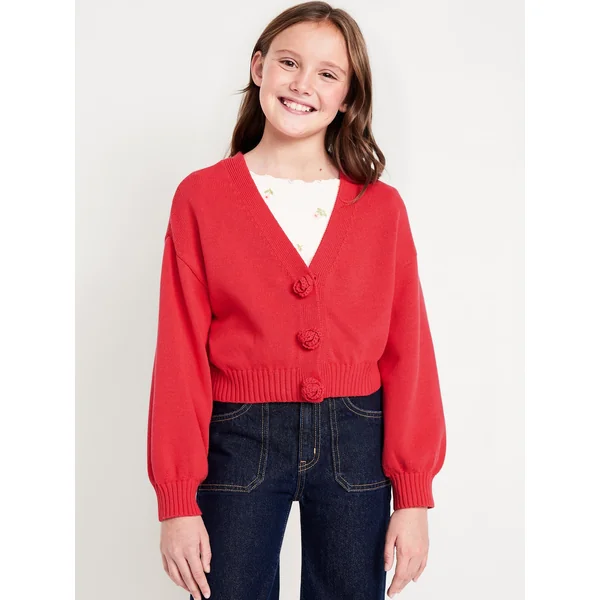 Button-Front Cardigan Sweater for Girls - Rosette Red