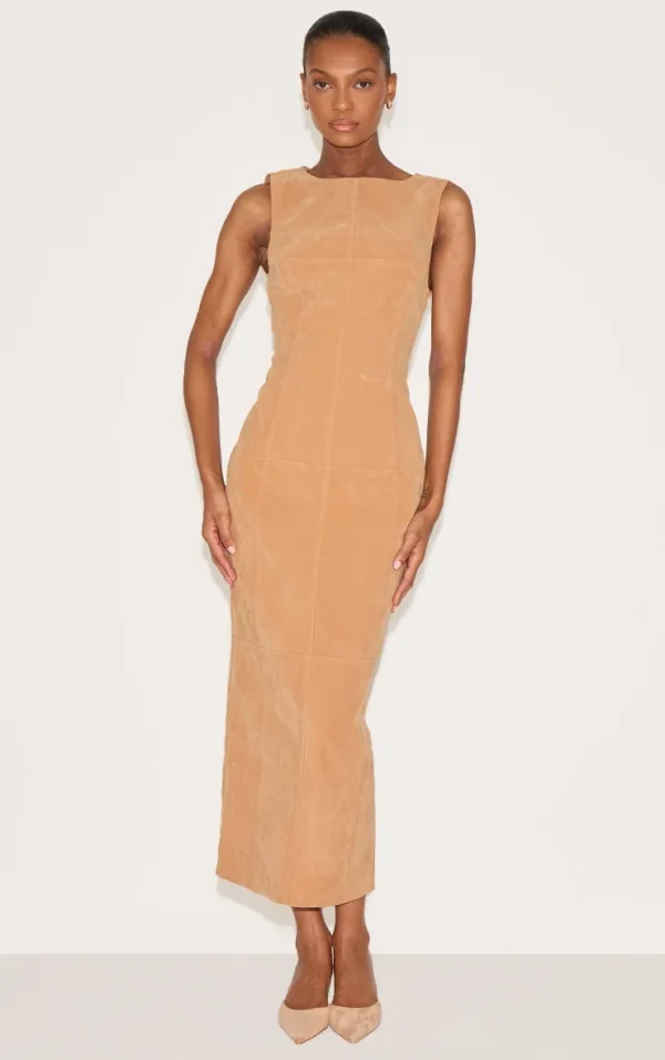 Butter Yellow Faux Suede Boat Neck Backless Maxi Dress