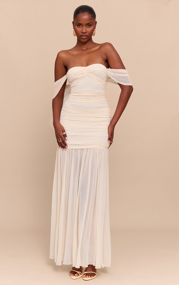 Cream Mesh Bardot Ruched Detail Maxi Dress