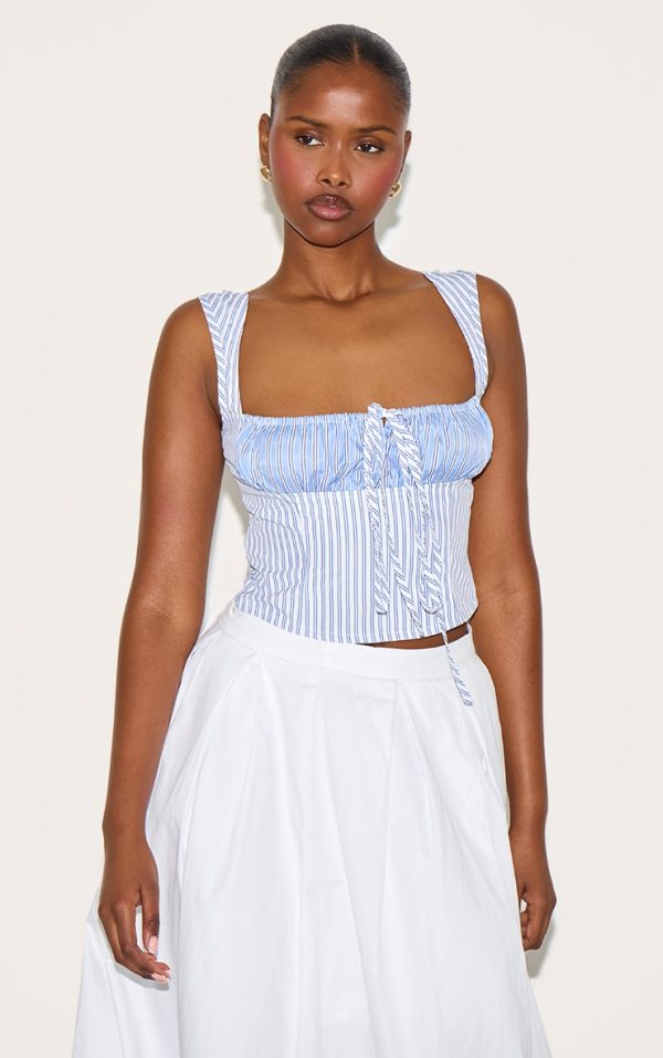 Sky Blue Cotton Contrast Striped Crop Top